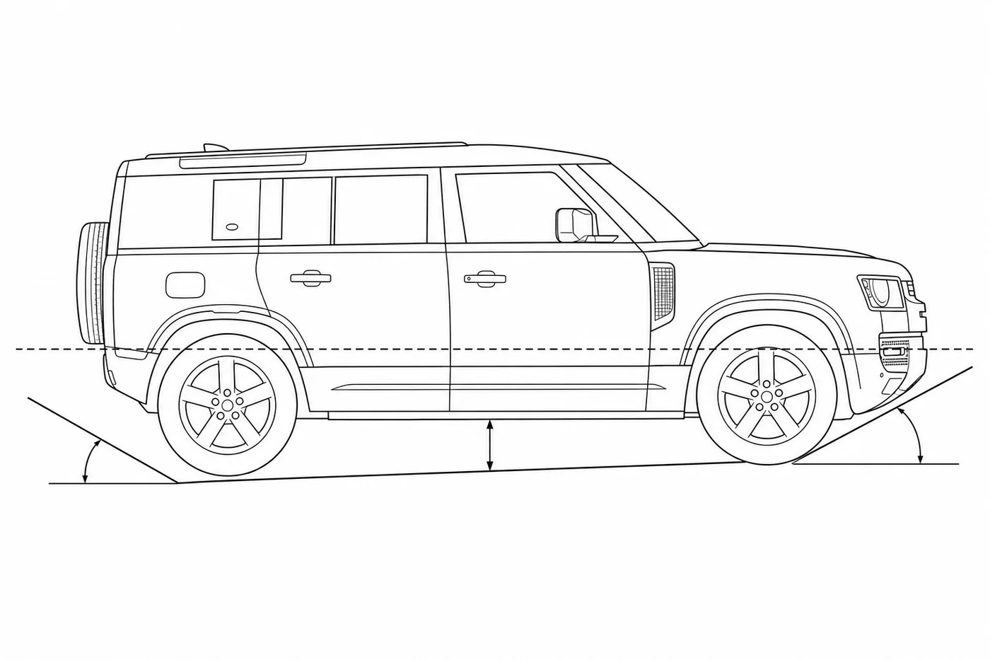Line drawing of the Defender with approach and departure angles and ground clearance marked