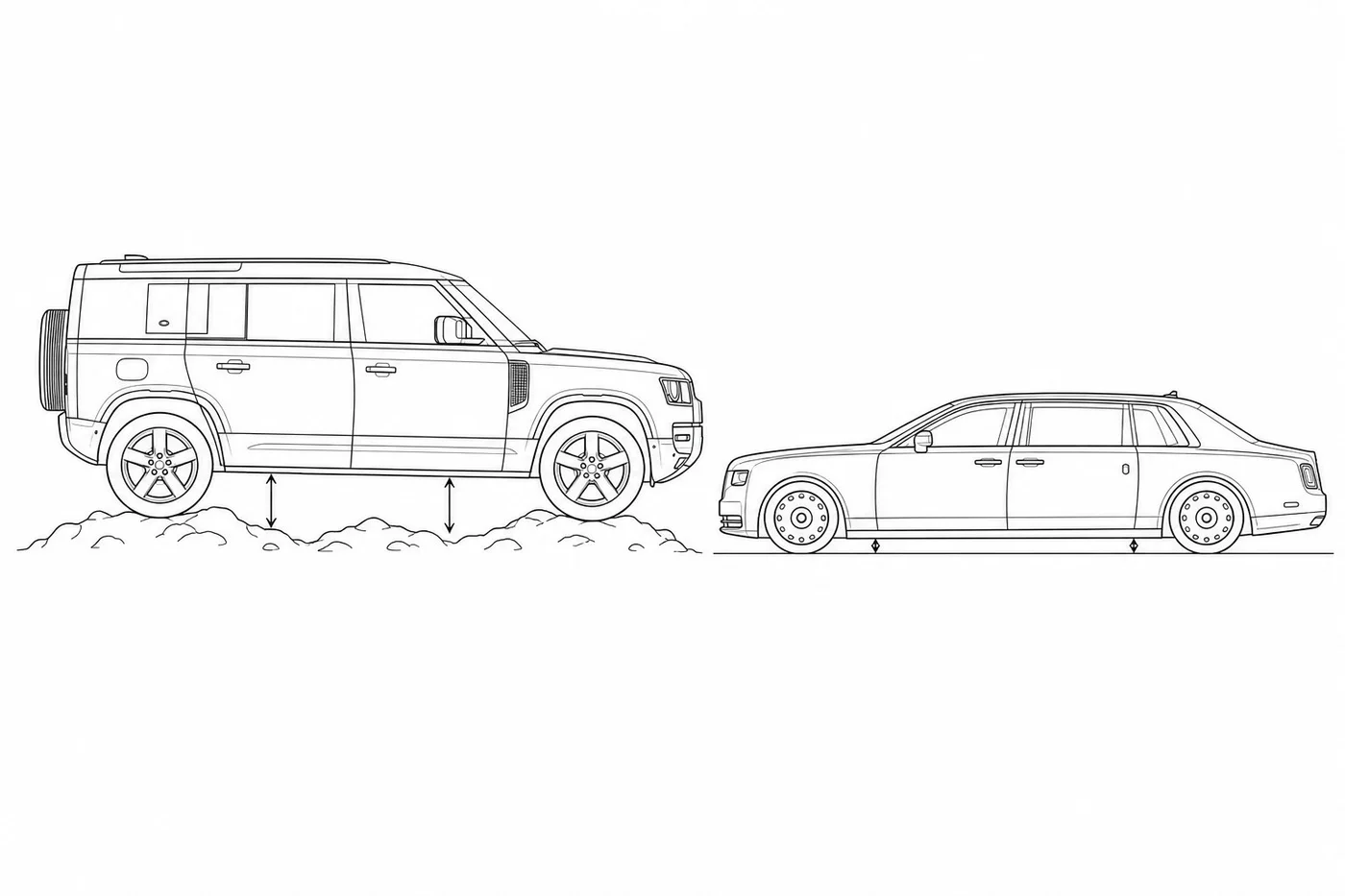 Line drawing comparison: Defender on rough terrain next to a road-bound armored limousine