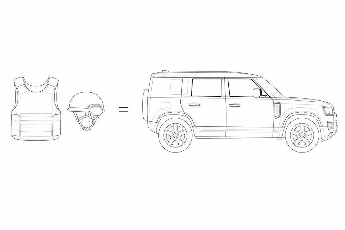 Line illustration: ballistic vest and helmet equal the protected zones of the Defender A-KIP®
