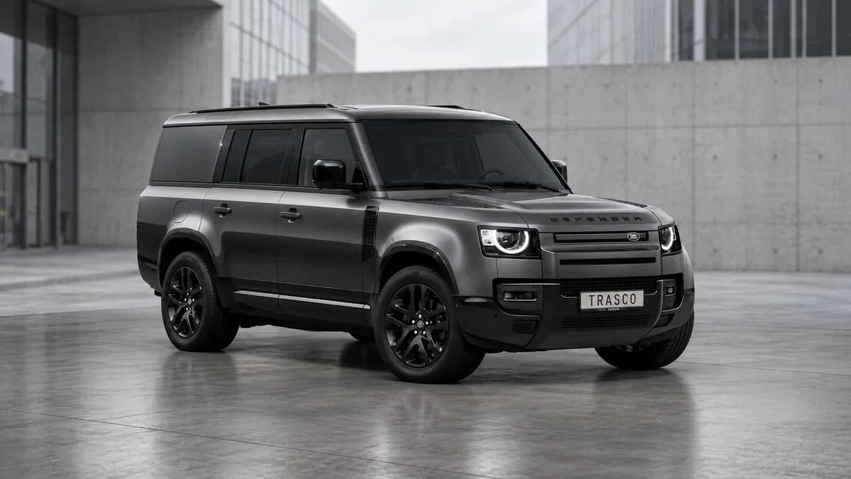 Defender 130 mit A-KIP®-Schutz auf einem Betonplatz, Dreiviertelansicht von vorn