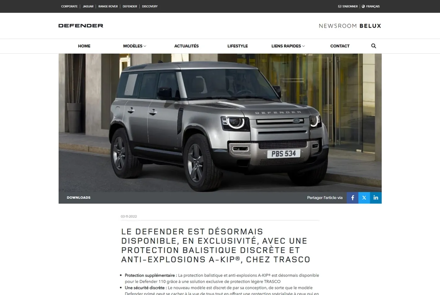 Aperçu de la page : Communiqué de presse officiel de JLR – «&nbsp;Le Defender est désormais disponible, en exclusivité, avec une protection balistique discrète et anti-explosions A-KIP®, chez TRASCO&nbsp;»