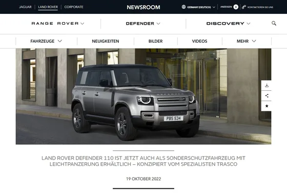 Bildschirmaufnahme: Offizielle JLR-Pressemitteilung – der Defender mit diskretem A-KIP®-Schutz gegen Beschuss und Sprengung, exklusiv von TRASCO