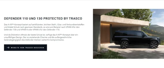 Bildschirmaufnahme: Offizielle Website von Land Rover Deutschland – „Defender 110 und 130 Protected by TRASCO“