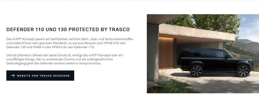 Seitenvorschau: Offizielle Website von Land Rover Deutschland – „Defender 110 und 130 Protected by TRASCO“