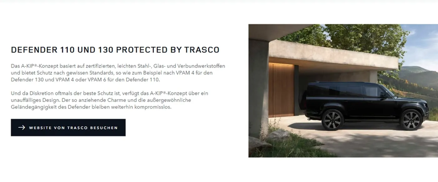 Seitenvorschau: Offizielle Website von Land Rover Deutschland – „Defender 110 und 130 Protected by TRASCO“