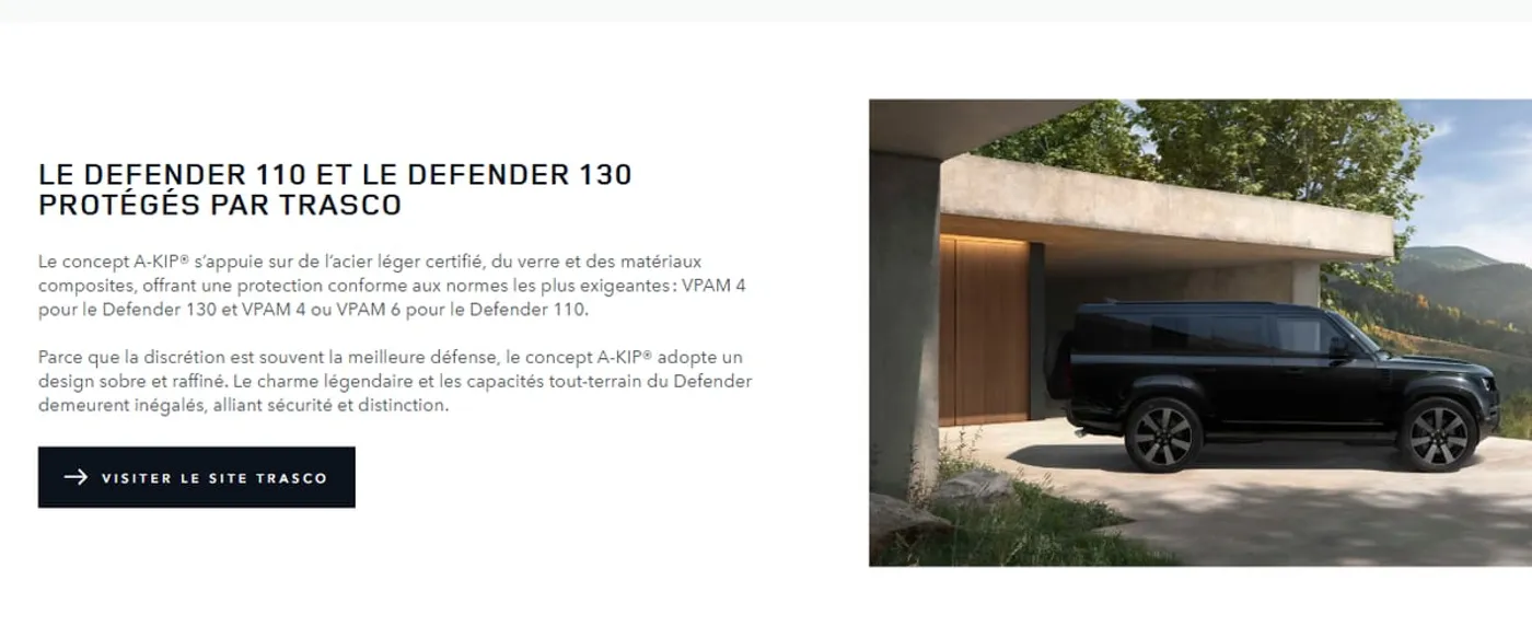 Aperçu de la page : Site officiel de Land Rover France – «&nbsp;Le Defender&nbsp;110 et le Defender&nbsp;130 protégés par TRASCO&nbsp;»