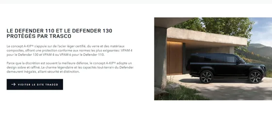 Capture d’écran : Site officiel de Land Rover France – «&nbsp;Le Defender&nbsp;110 et le Defender&nbsp;130 protégés par TRASCO&nbsp;»
