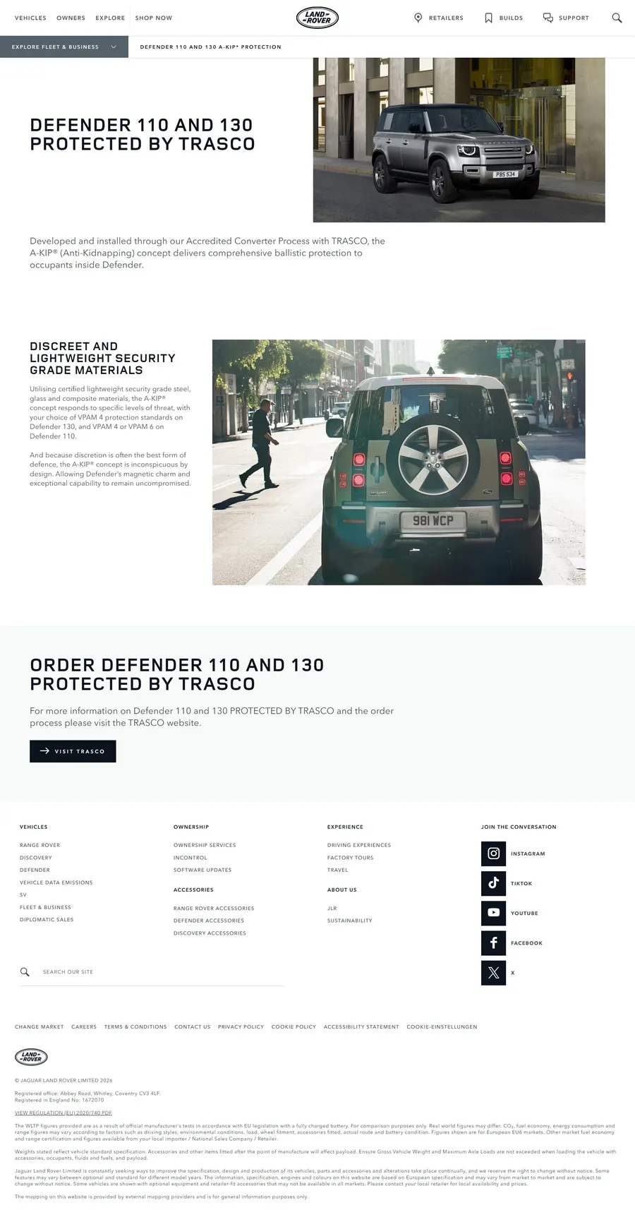 Page preview: Official Land Rover website – Defender 110 and 130 Protected by TRASCO