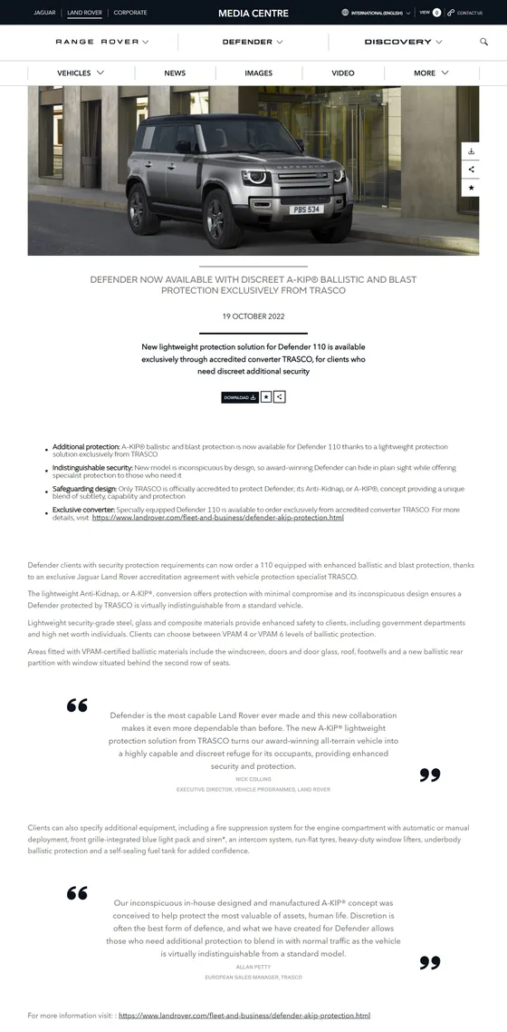 Screenshot: Official JLR press release – Defender now available with discreet A-KIP® ballistic and blast protection, exclusively from TRASCO