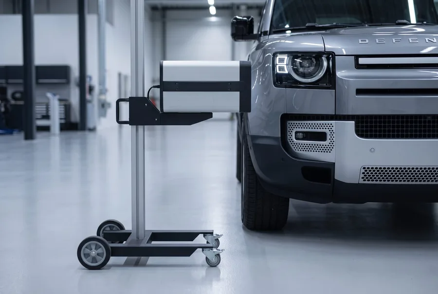 Scheinwerfer-Einstellgerät vor einem Defender 110 bei der technischen Prüfung