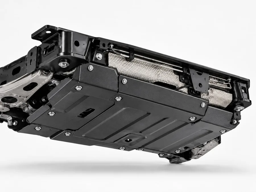 Unterseite eines Defender 110 mit verschraubten Schutzplatten am Boden, Studioaufnahme